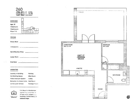 Floor plan for 1 bed, 1 bath, 510 sqft